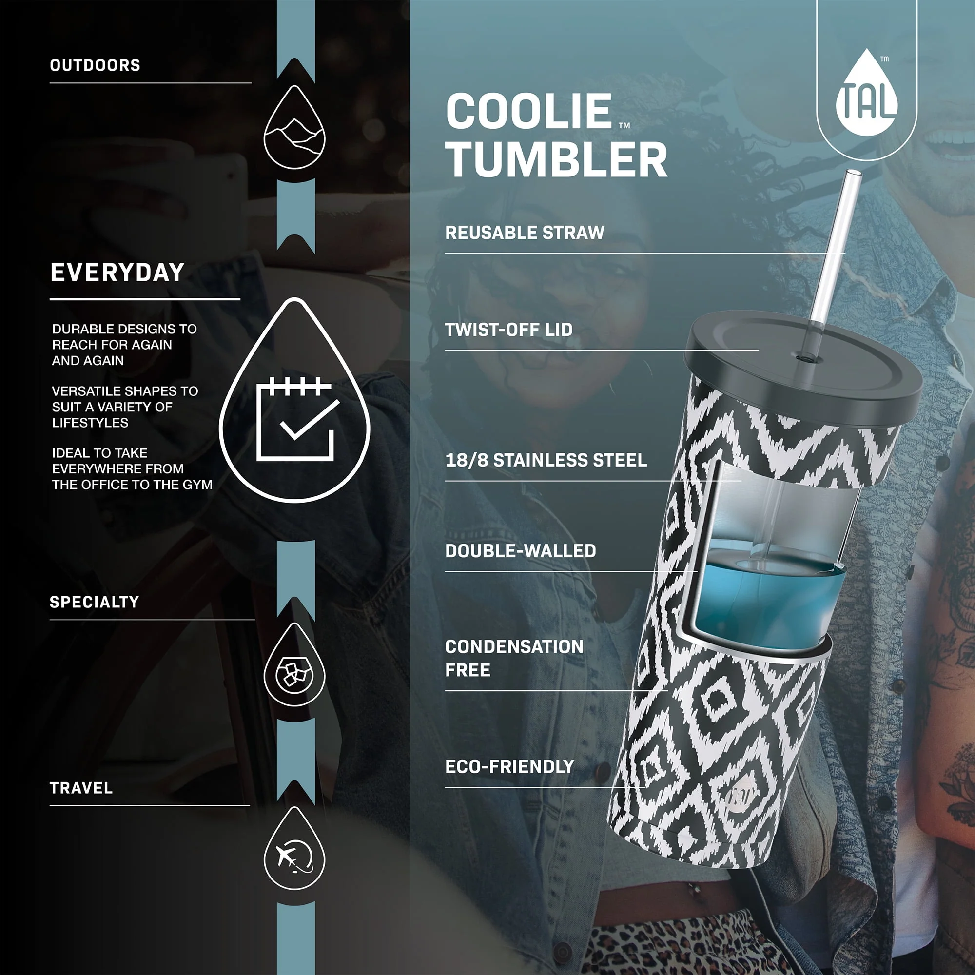 TAL Stainless Steel Coolie Tumbler 24 fl oz, Black White - Image 2