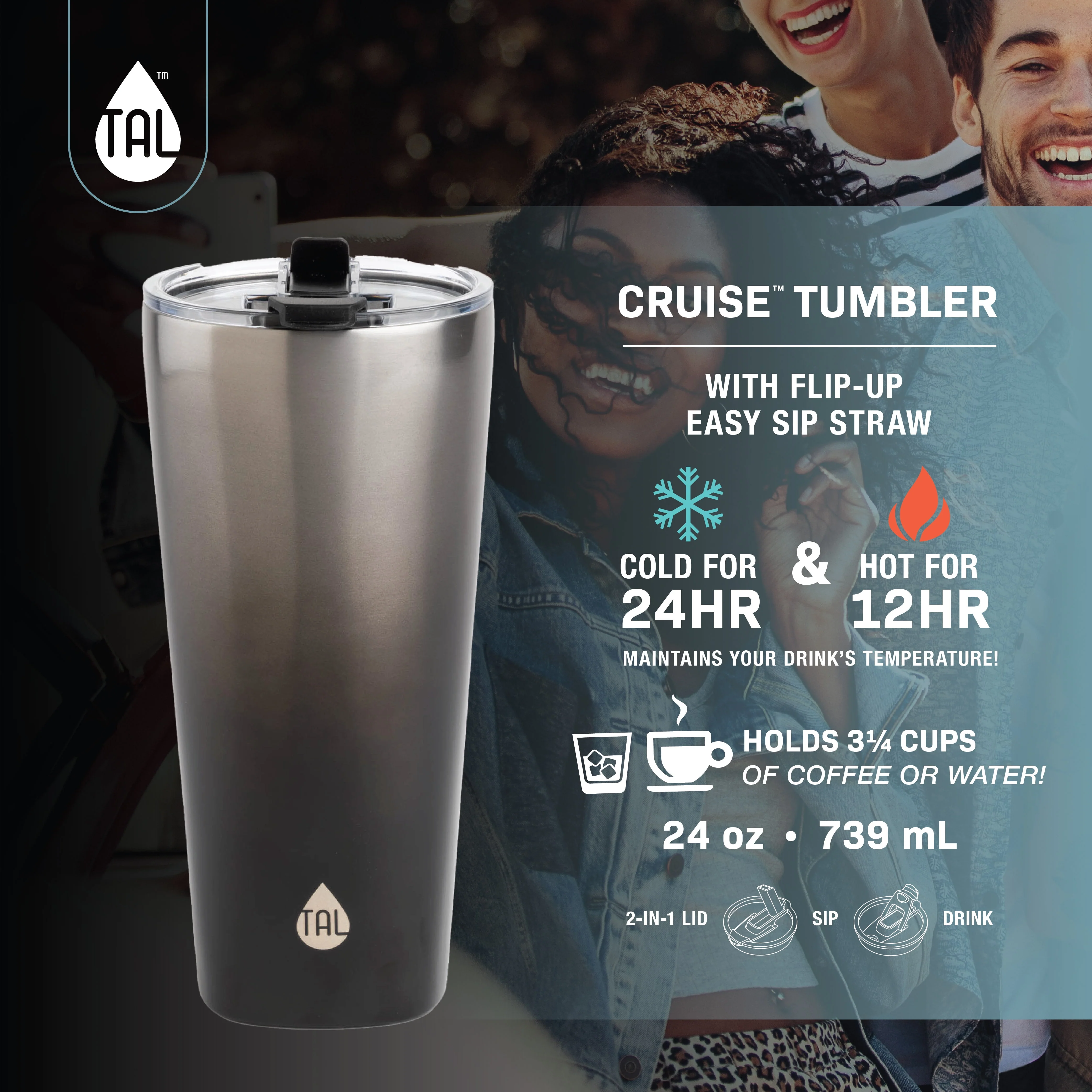 TAL Stainless Steel Cruise Tumbler with Easy Sip Straw 25oz, White Shimmer - Image 3