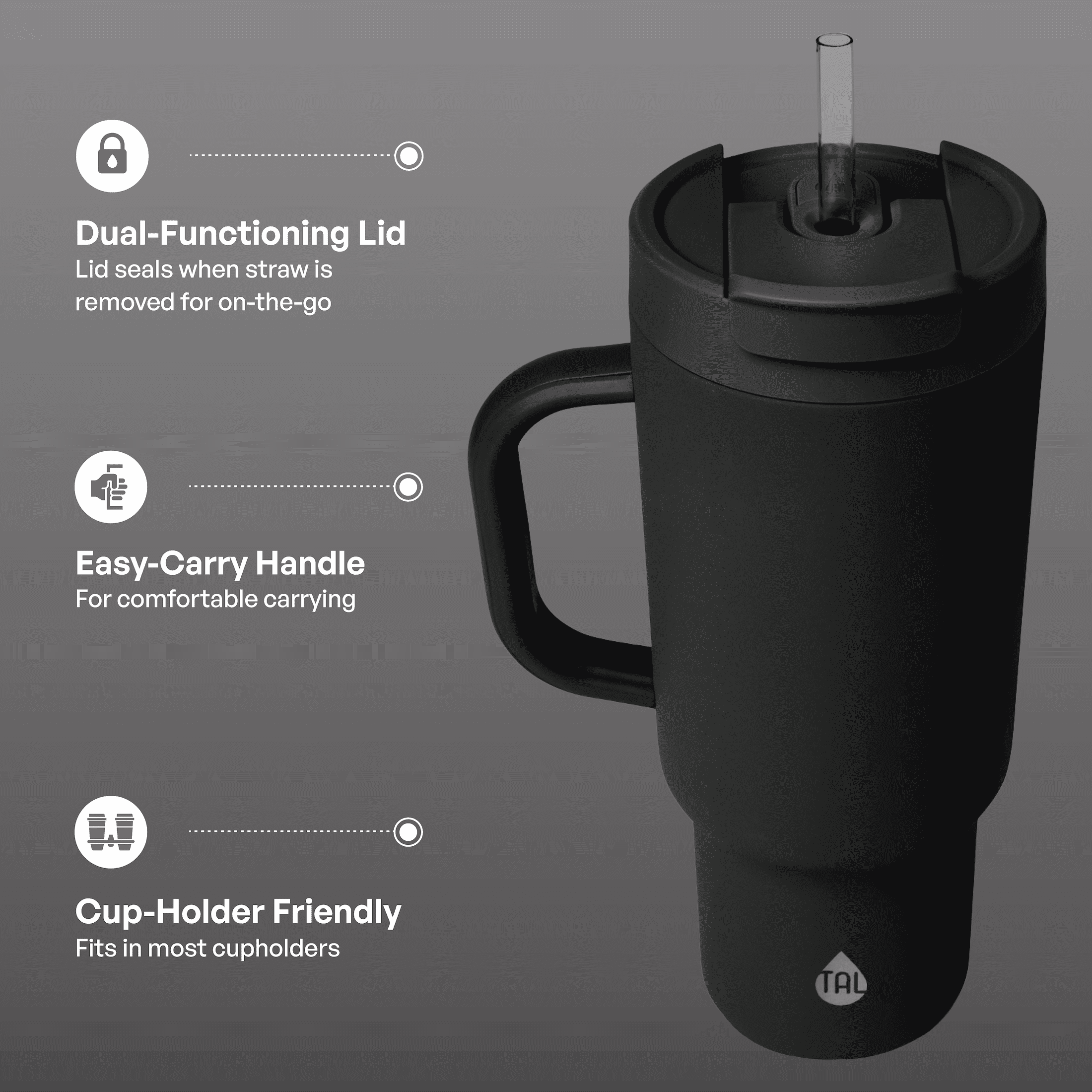 TAL Stainless Steel Hudson Tumbler with Straw 40 fl oz, Black - Image 3