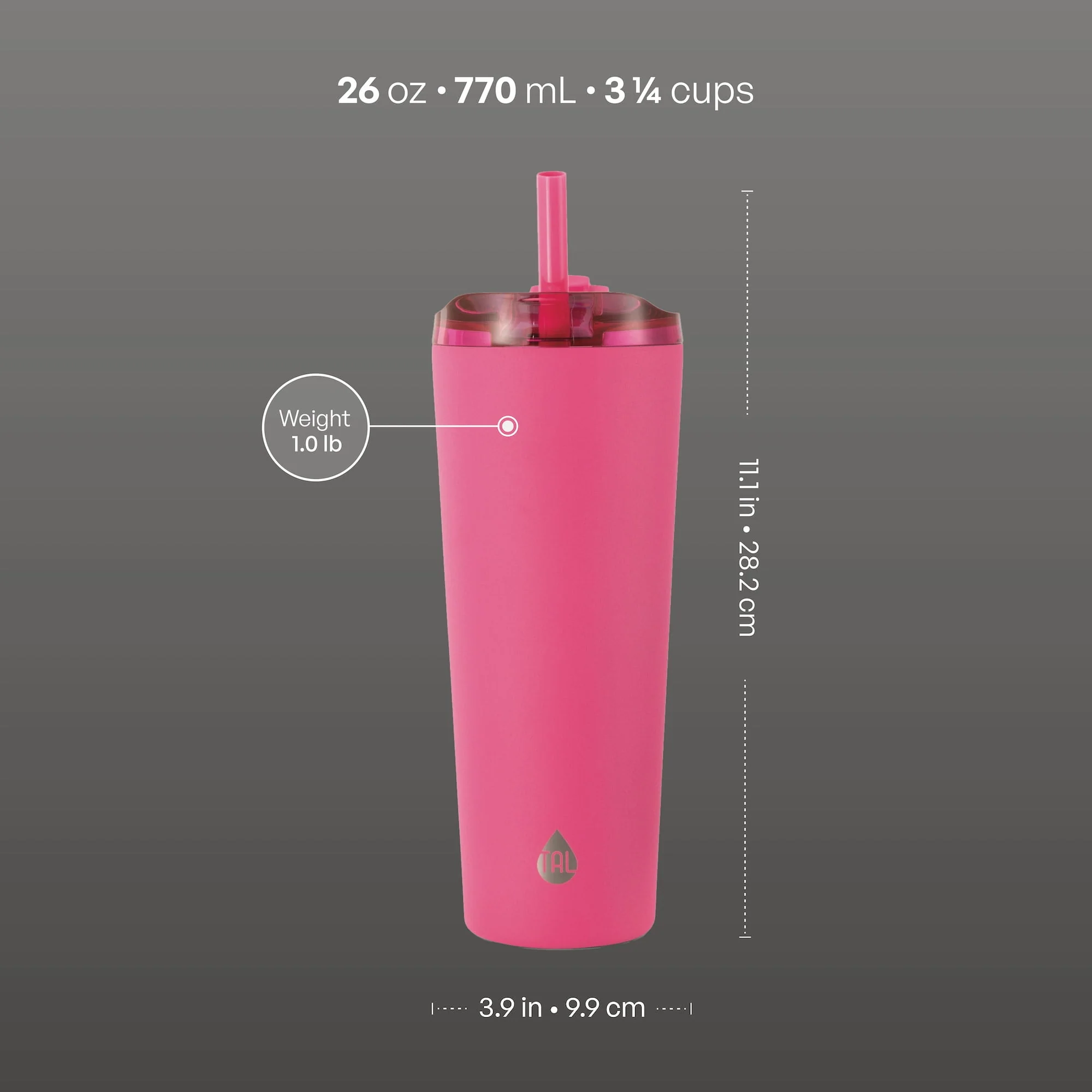TAL Stainless Steel Ash Tumbler with Removeable Straw and Sip Lid 26 fl oz, Pink - Image 4