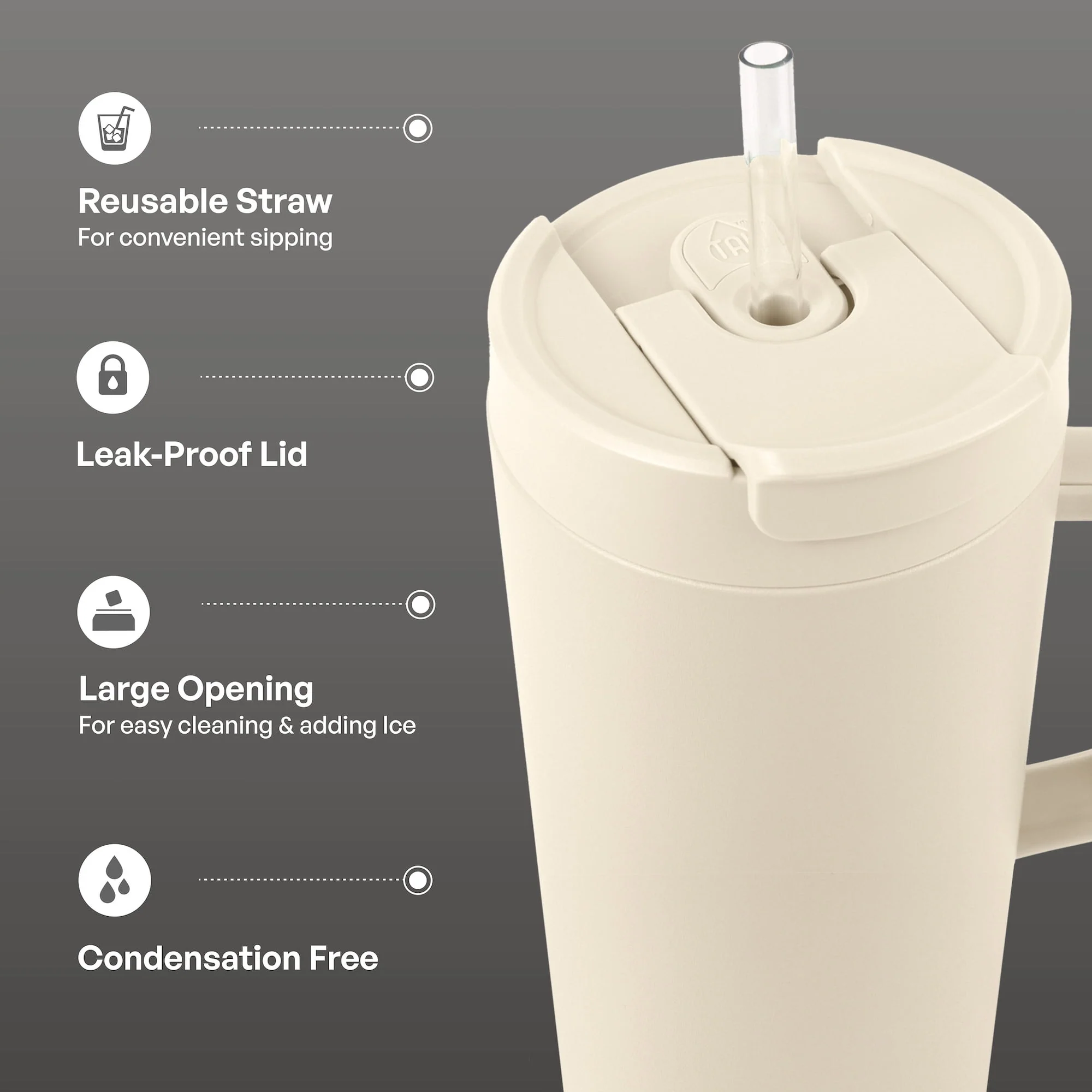 TAL Stainless Steel Hudson Tumbler with Straw 40 fl oz, Cream - Image 2