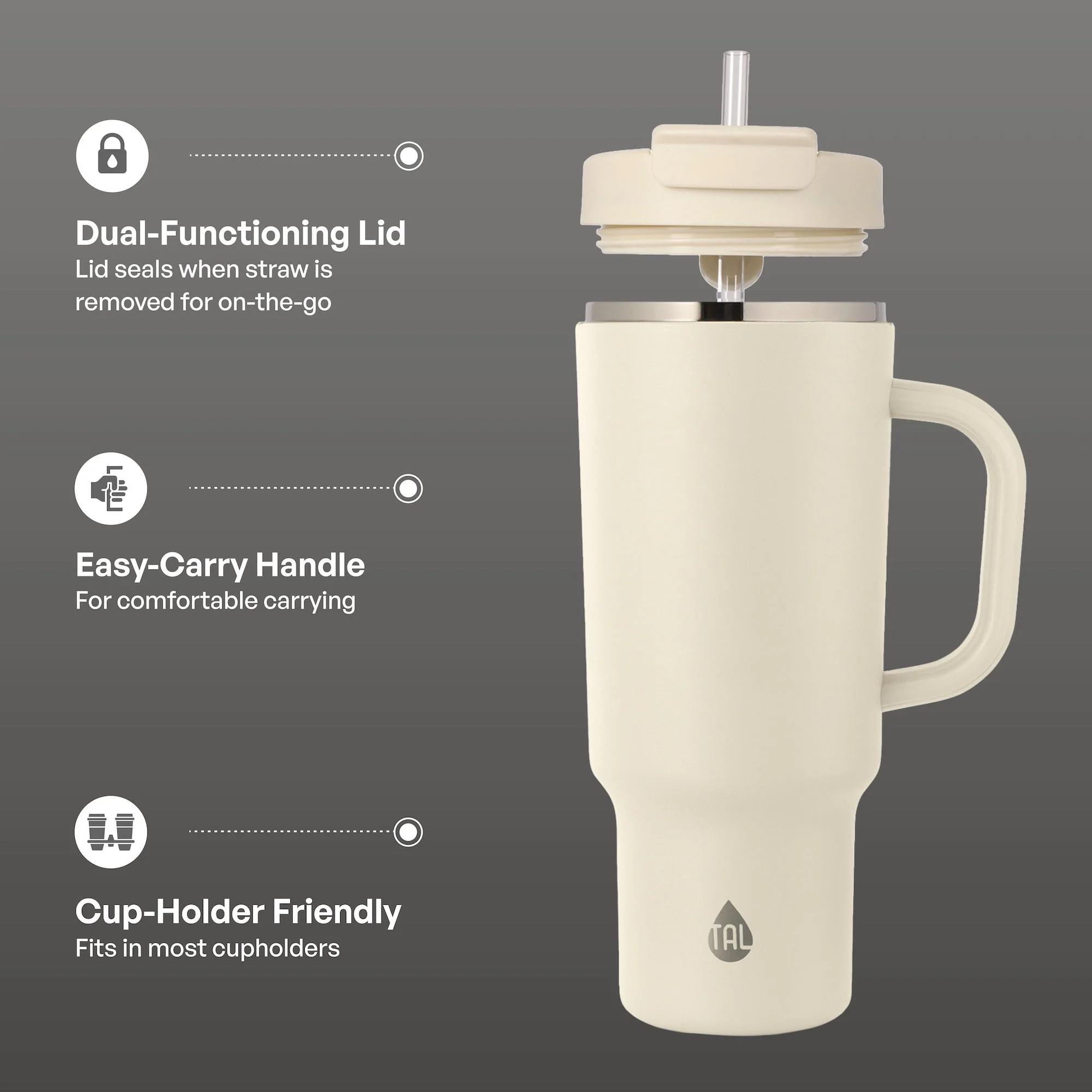 TAL Stainless Steel Hudson Tumbler with Straw 40 fl oz, Cream - Image 3